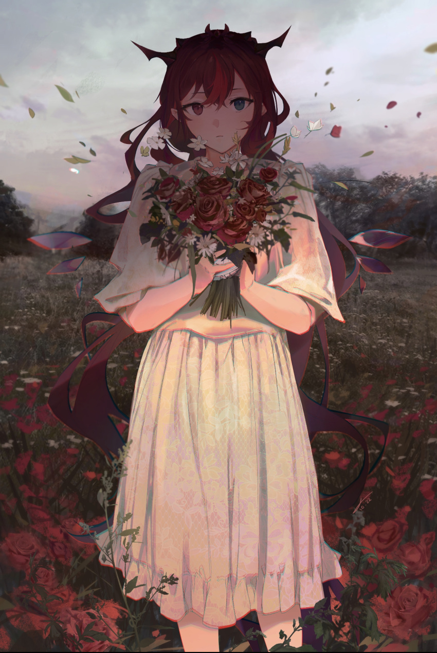 1girl blue_eyes bouquet closed_mouth clouds cloudy_sky day feet_out_of_frame field flower flower_field highres holding holding_bouquet hololive hololive_english horns irys_(hololive) jushoro long_hair looking_at_viewer outdoors panties petals red_flower red_rose redhead rose short_sleeves sky solo standing underwear very_long_hair violet_eyes virtual_youtuber white_flower white_panties