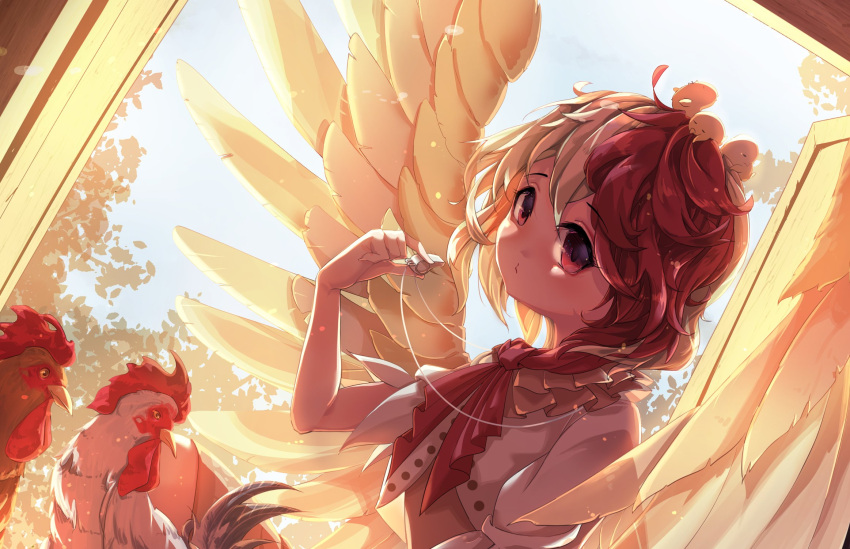 1girl animal animal_on_head bird bird_on_head bird_wings blonde_hair chick chicken dress feathered_wings hair_between_eyes highres holding holding_whistle multicolored_hair niwatari_kutaka noumin_joemanyodw on_head orange_dress red_eyes redhead shirt short_hair short_sleeves solo touhou two-tone_hair whistle whistle_around_neck white_shirt wings yellow_wings