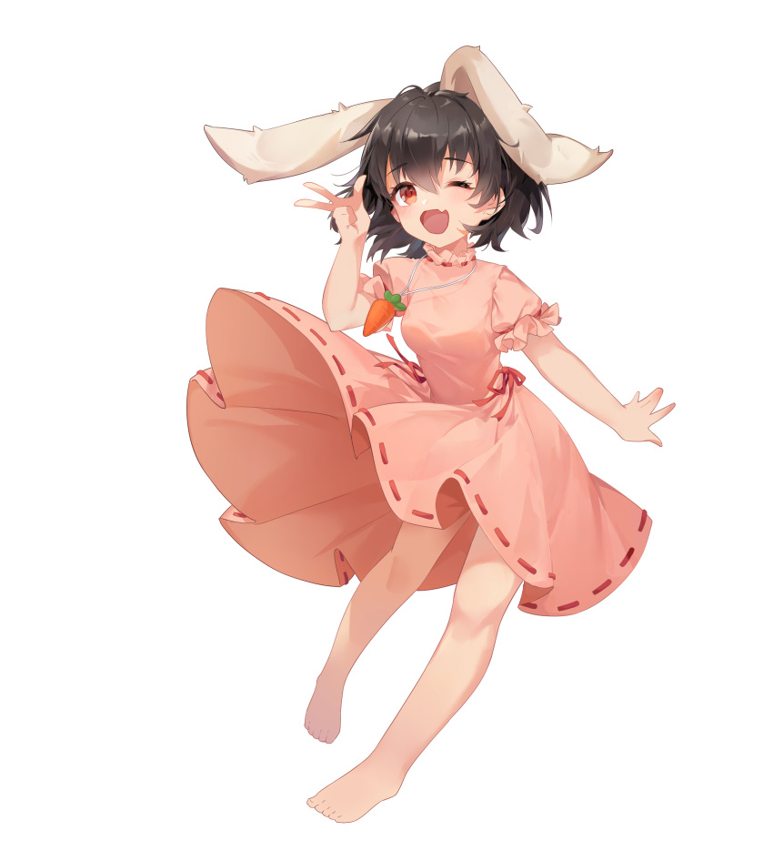 1girl absurdres animal_ears bangs barefoot black_hair blush breasts carrot_necklace commentary_request dress fang floppy_ears frilled_sleeves frills full_body hair_between_eyes highres inaba_tewi jewelry looking_at_viewer mmsmms necklace one_eye_closed open_mouth pink_dress rabbit_ears rabbit_girl red_eyes ribbon-trimmed_dress short_hair simple_background skin_fang small_breasts smile solo tachi-e touhou white_background