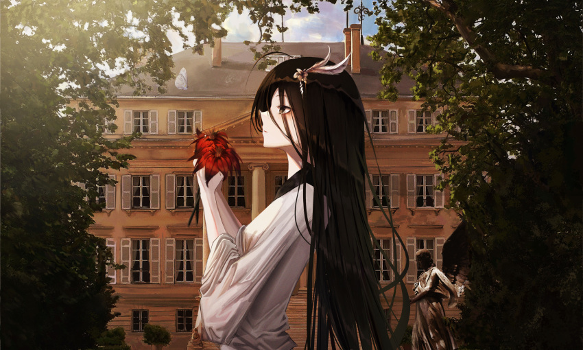 1girl bangs black_eyes black_hair building dress eyebrows_hidden_by_hair flower hair_ornament hairclip highres holding holding_flower long_hair looking_away looking_to_the_side original outdoors sihana156 solo tree upper_body white_dress