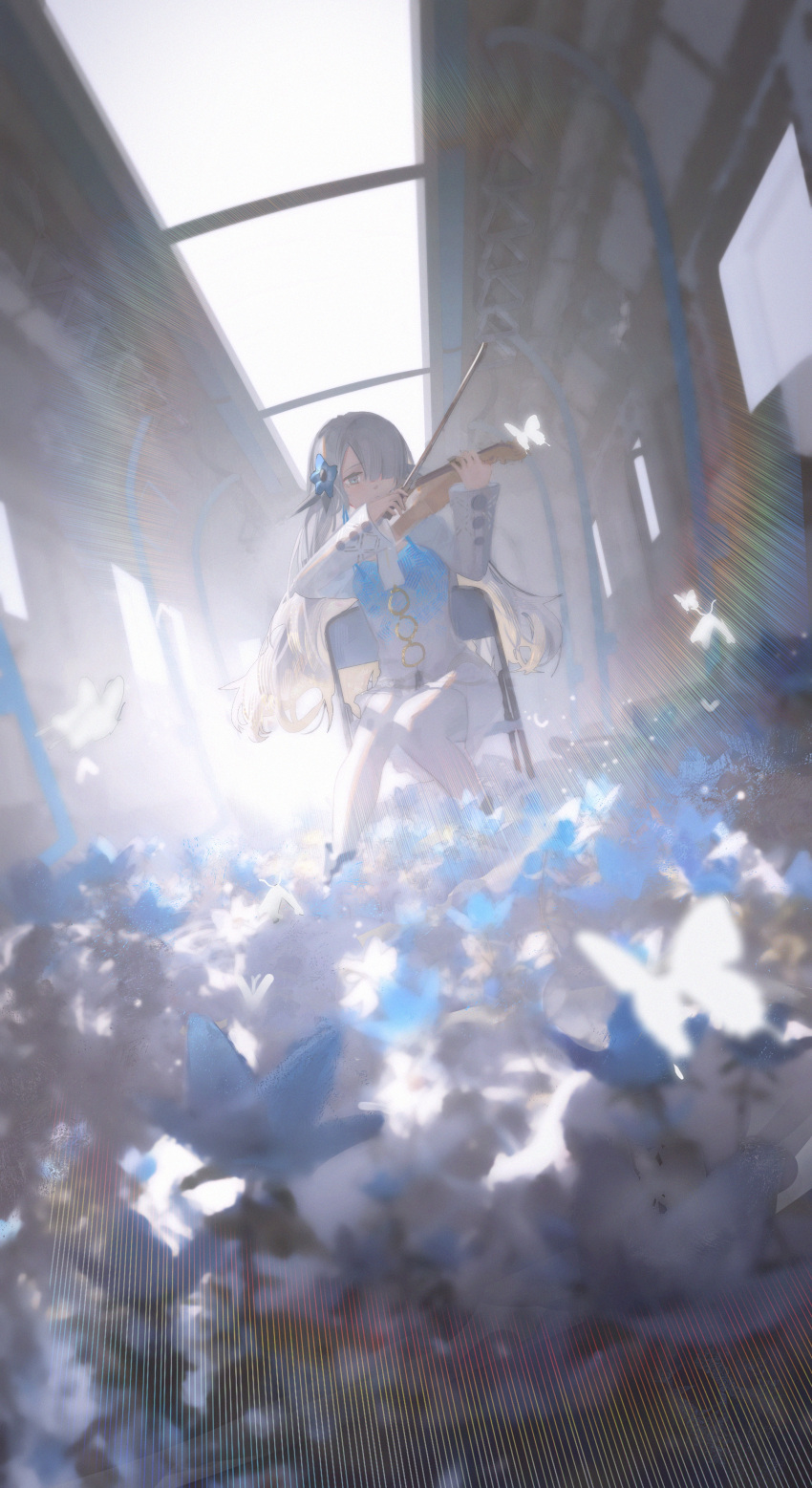 1girl absurdres backlighting blue_dress blue_flower blurry blurry_foreground bow_(music) bug building butterfly chair chinese_commentary commentary_request dress feet_out_of_frame flower gradient_dress hair_flower hair_ornament hair_over_one_eye highres holding holding_instrument indoors instrument isekai_joucho kamitsubaki_studio lanchuan long_hair long_sleeves music pantyhose playing_instrument sitting solo violin virtual_youtuber white_butterfly white_dress white_flower white_hair white_pantyhose white_sleeves