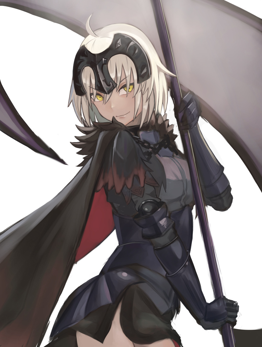 1girl absurdres ahoge armor armored_dress bangs breasts cloak eyebrows_hidden_by_hair fate/grand_order fate_(series) flag grey_hair headpiece highres holding holding_flag jeanne_d'arc_alter_(avenger)_(fate) jeanne_d'arc_alter_(fate) looking_at_viewer short_hair simple_background skirt smile solo taruto_(takug0812) white_background yellow_eyes