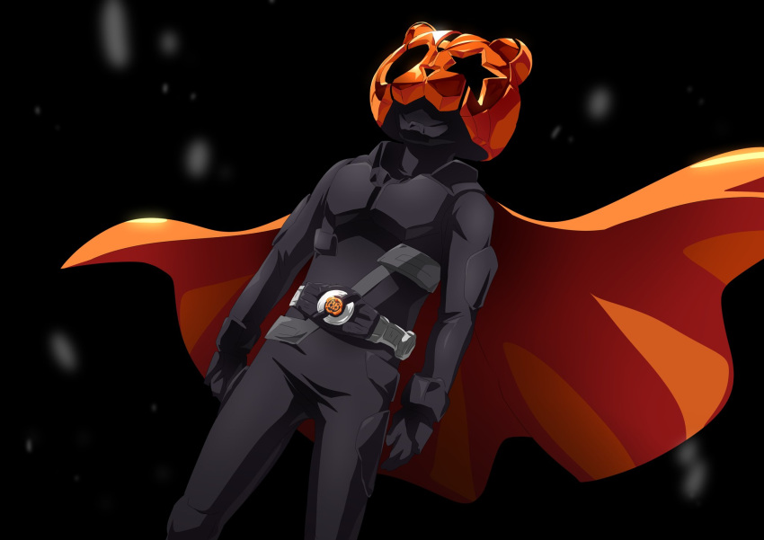 1boy bear black_background black_bodysuit black_gloves bodysuit cape desire_driver dutch_angle entry_form from_below gloves helmet highres kamen_rider kamen_rider_geats_(series) kamen_rider_punkjack male_focus orange_cape otokamu solo superhero tokusatsu