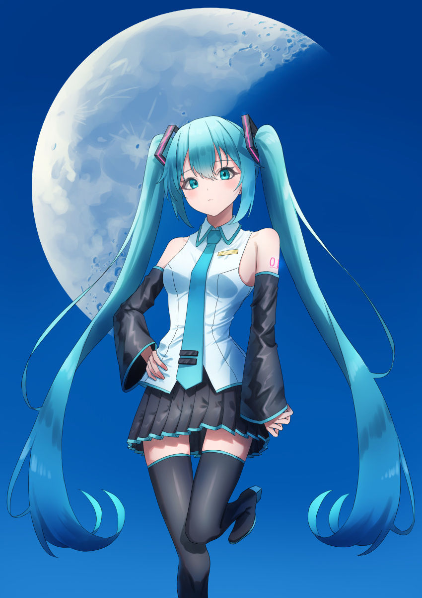 1girl absurdres amaama_(beccyonaika1) aqua_eyes aqua_hair aqua_necktie bangs bare_shoulders black_footwear black_skirt black_sleeves closed_mouth collared_shirt commentary detached_sleeves gibbous_moon hair_between_eyes hair_ornament hand_on_hip hatsune_miku highres leg_up long_hair looking_at_viewer moon necktie number_tattoo shirt skirt sky sleeveless sleeveless_shirt sleeves_past_wrists solo standing standing_on_one_leg tareme tattoo thigh-highs twintails vocaloid white_shirt zettai_ryouiki