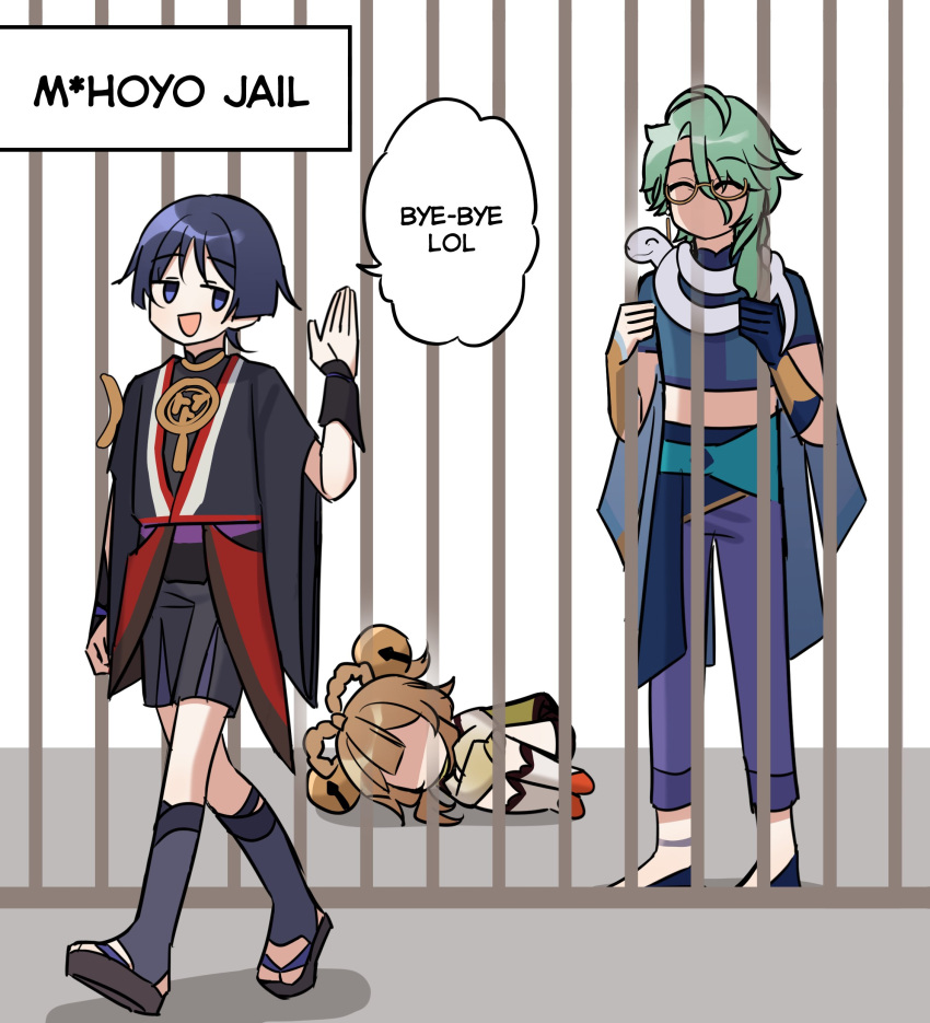 1girl 2boys absurdres baizhu_(genshin_impact) brown_hair china_dress chinese_clothes dress english_text genshin_impact glasses green_hair hand_up highres japanese_clothes multiple_boys prison sandals scaramouche_(genshin_impact) simple_background snake tagme upper_body violet_eyes white_background white_snake yaoyao_(genshin_impact) zhacaitan