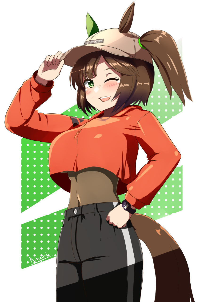 1girl a.nori absurdres animal_ears bangs baseball_cap blush bodystocking breasts brown_hair casual covered_navel cowboy_shot crop_top crop_top_overhang cropped_hoodie drawstring ear_covers freckles green_eyes hand_on_hip hat hat_tip highres hood hoodie horse_ears horse_girl horse_tail ines_fujin_(umamusume) large_breasts long_sleeves official_alternate_costume one_eye_closed open_mouth orange_hoodie pants parted_bangs side_ponytail simple_background single_ear_cover smile tail track_pants umamusume watch