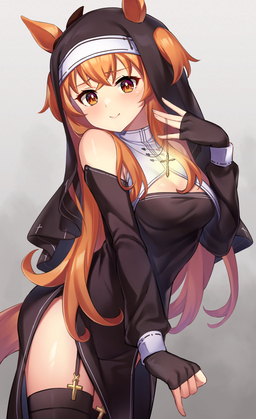 1girl absurdres alternate_costume animal_ears blush cross cross_necklace grey_background highres horse_ears horse_girl horse_tail jewelry mayano_top_gun_(umamusume) necklace nun orange_eyes orange_hair pizza_(pizzania_company) simple_background smile solo tail thigh-highs umamusume