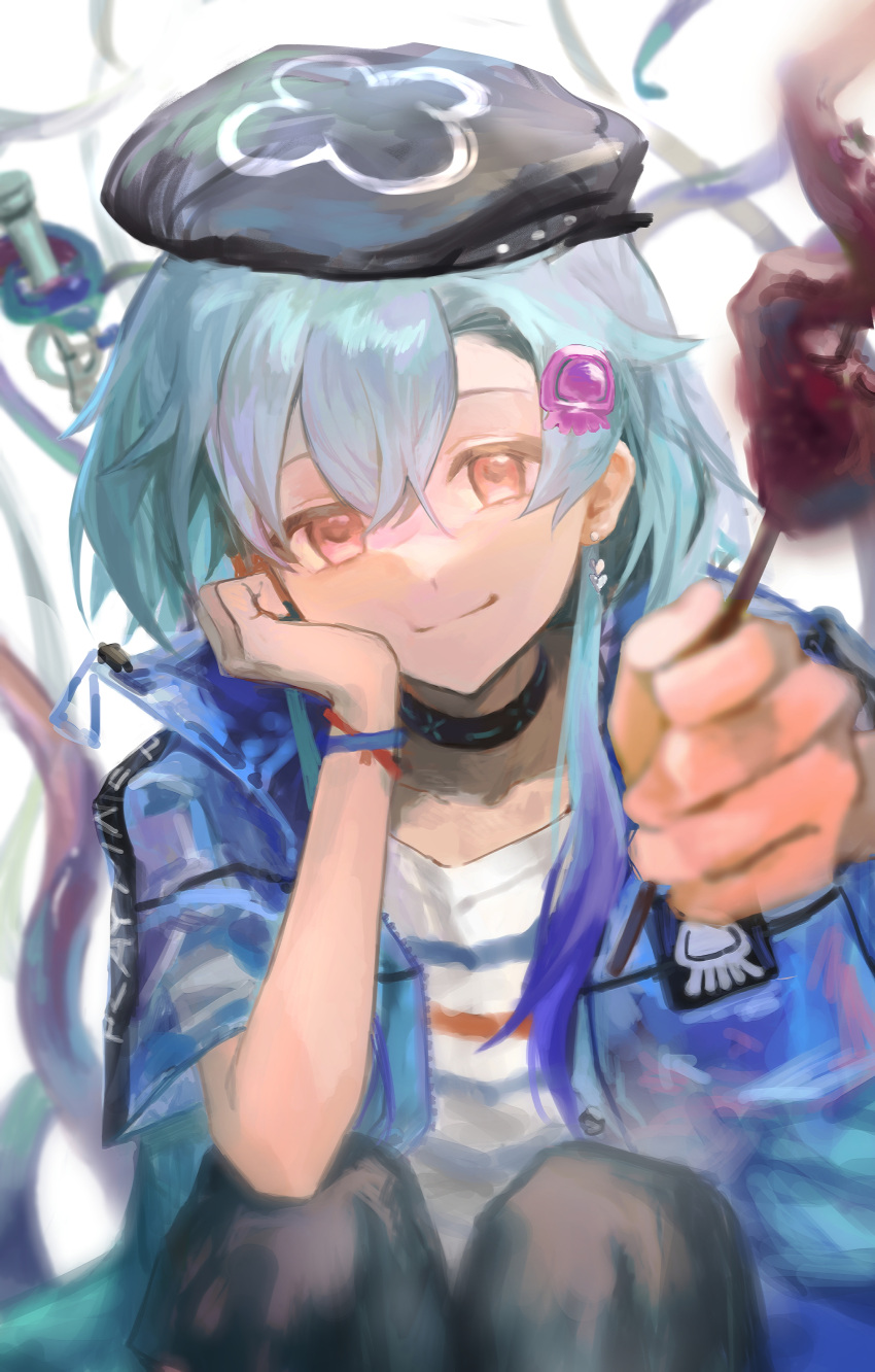 1boy absurdres androgynous arknights bishounen blue_hair blurry blurry_foreground bracelet candy choker food hair_ornament hairpin hand_on_own_face hat highres holding holding_candy holding_food infection_monitor_(arknights) jellyfish jewelry looking_at_viewer male_focus mizuki_(arknights) reaching_out smile solo squatting violet_eyes zhijiaoxingchuangpotiankong