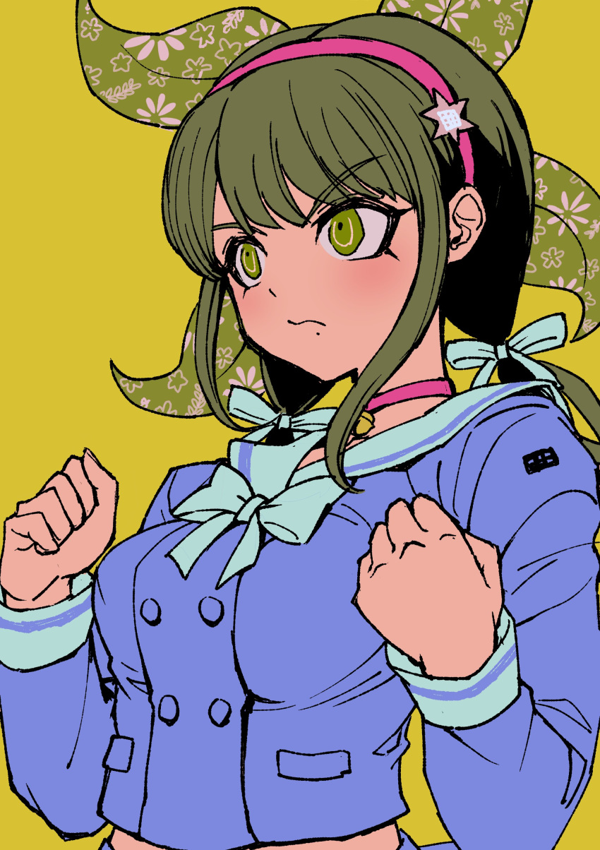 1girl absurdres bangs bell bow bowtie breasts buttons chabashira_tenko choker clenched_hands closed_mouth danganronpa_(series) danganronpa_v3:_killing_harmony double-breasted green_hair green_hairband hair_ribbon hairband hands_up highres large_breasts long_hair long_sleeves medium_breasts mole mole_under_mouth neck_bell pink_choker pink_hairband ribbon simple_background solo upper_body white_bow white_bowtie white_ribbon yellow_background youko-shima