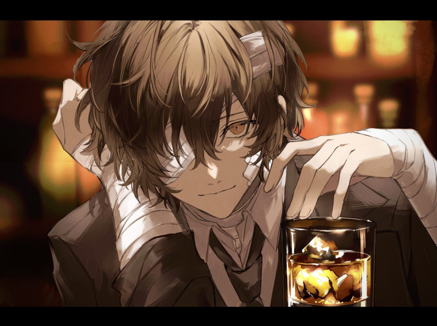 1boy alcohol bandage_over_one_eye bandaged_arm bandages bar black_jacket black_necktie brown_eyes brown_hair bungou_stray_dogs commentary cup dazai_osamu_(bungou_stray_dogs) drinking_glass ice ice_cube indoors jacket liquor looking_at_viewer male_focus necktie nozz177 shirt solo symbol-only_commentary upper_body white_shirt