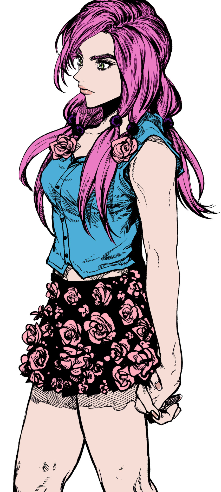 1girl absurdres blue_shirt cowboy_shot flower flower_skirt green_eyes hair_bobbles hair_ornament highres hirose_yasuho jojo_no_kimyou_na_bouken jojolion long_hair my_nameisyoon own_hands_together pink_hair pink_lips shirt skirt solo standing white_background