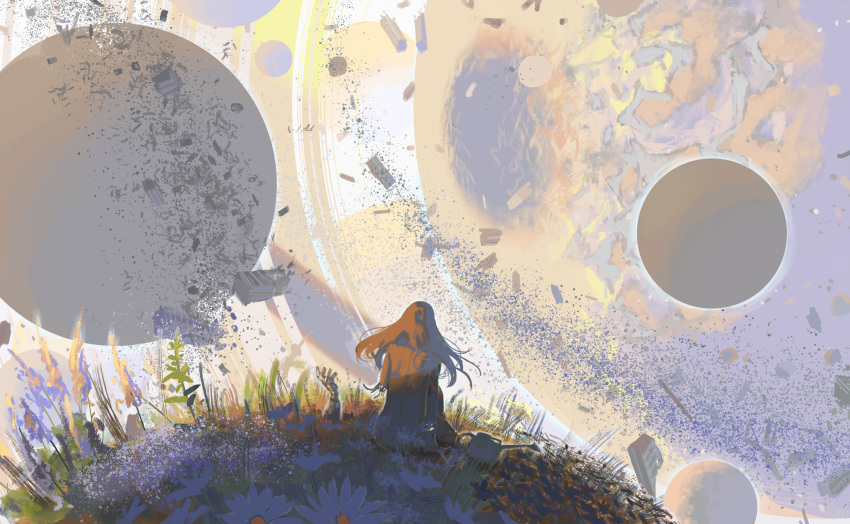 1girl android cable commentary daisy disembodied_limb facing_away floating floating_hair floating_object flower from_behind highres lavender_(flower) long_hair mallllma on_ground original planet scenery sitting solo space symbol-only_commentary watering_can