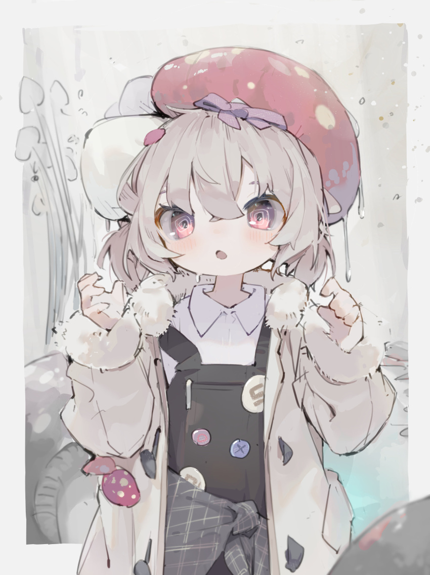 1girl :o @_@ absurdres bangs beret black_overalls blush border clothes_around_waist commentary dated_commentary fur-trimmed_jacket fur_trim hair_between_eyes hands_up hat highres jacket long_sleeves looking_at_viewer nep_(nep_76) open_clothes open_jacket open_mouth original outside_border overalls pink_eyes purple_ribbon red_headwear ribbon shirt solo strap_slip white_border white_shirt