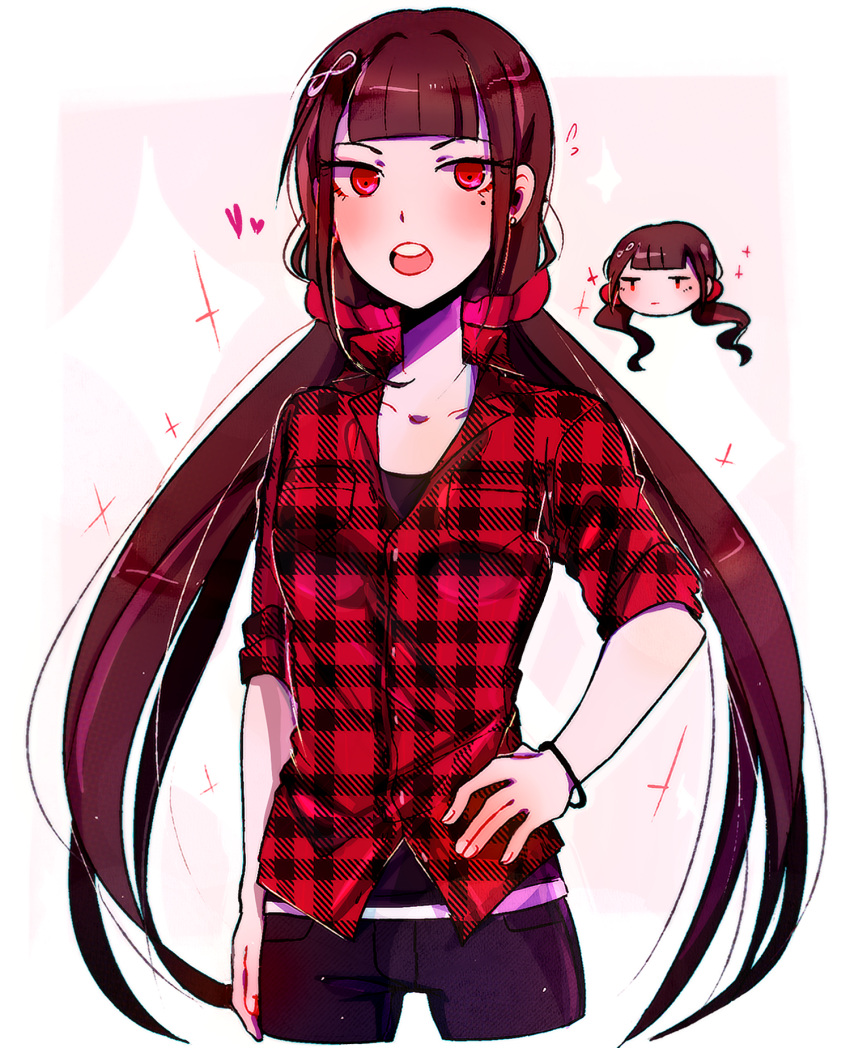 1girl alternate_costume bangs black_hair black_shirt collarbone commission danganronpa_(series) danganronpa_v3:_killing_harmony english_commentary hair_ornament hairclip harukawa_maki heart highres huyandere long_hair looking_at_viewer low_twintails mole mole_under_eye pants red_eyes red_scrunchie red_shirt scrunchie shirt simple_background sleeves_rolled_up solo twintails two-tone_shirt very_long_hair