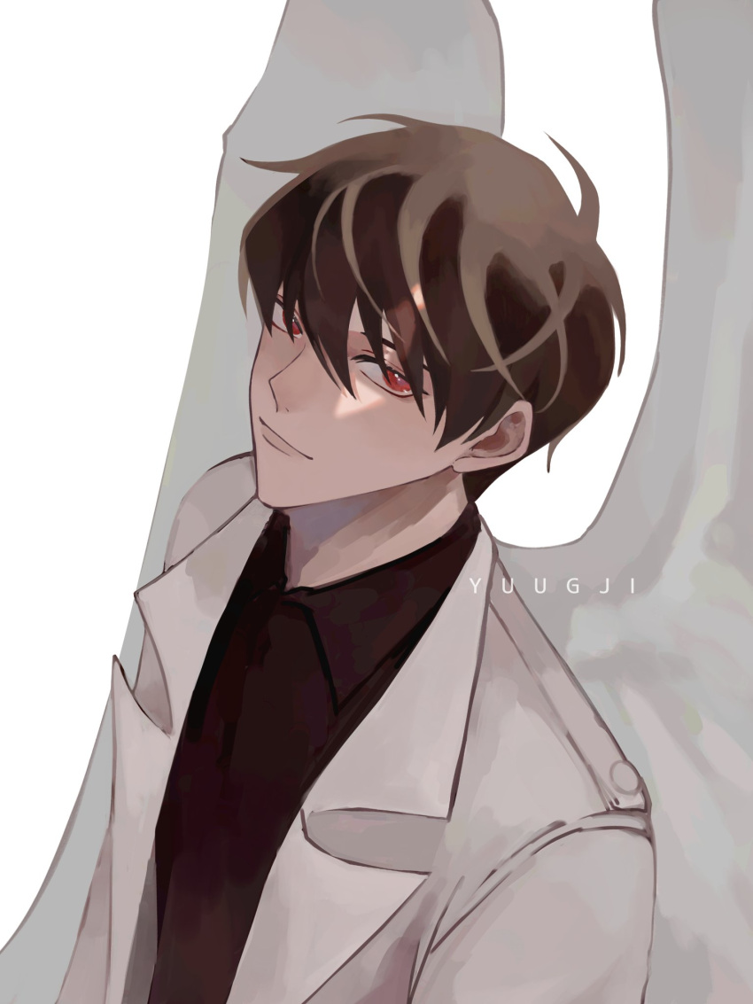 1boy artist_name black_shirt brown_hair closed_mouth collared_shirt commentary dok-ja_kim highres jacket looking_at_viewer male_focus omniscient_reader's_viewpoint open_clothes open_jacket red_eyes shirt short_hair simple_background solo symbol-only_commentary upper_body white_background white_wings wings yuugji