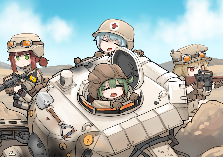4girls absurdres assault_rifle bangs blonde_hair blue_hair blunt_bangs brown_hair chibi closed_eyes closed_mouth cross day desert english_commentary feet_out_of_frame goggles goggles_on_head green_hair gun hair_between_eyes hat highres holding holding_gun holding_weapon long_sleeves mecha military military_hat military_uniform multiple_girls open_mouth original outdoors pony pushing red_cross rifle robot short_ponytail shovel sky srtdrawart uniform upper_body weapon