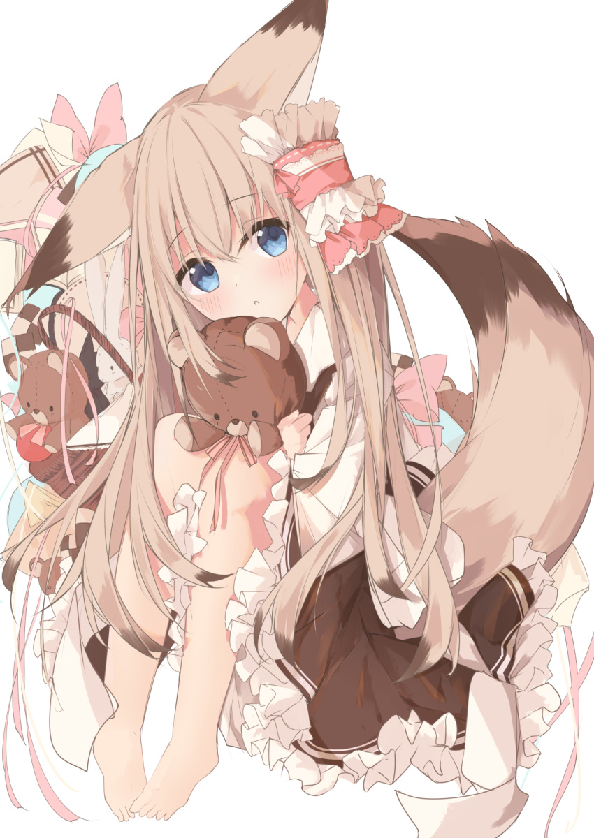 1girl :o animal_ears bangs barefoot black_dress blue_eyes blush brown_hair checkerboard_cookie commentary_request cookie dress food fox_ears fox_girl fox_tail frilled_dress frills hair_between_eyes head_tilt highres knees_up kushida_you long_hair long_sleeves object_hug original parted_lips pigeon-toed shirt simple_background sitting solo stuffed_animal stuffed_toy tail teddy_bear very_long_hair white_background white_shirt