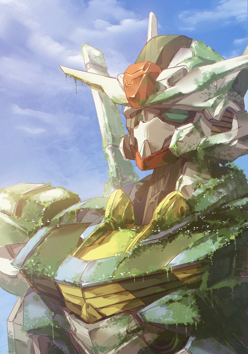 absurdres clouds english_commentary green_eyes gundam gundam_aerial gundam_suisei_no_majo highres innoarukugyou mecha mobile_suit moss no_humans overgrown portrait robot science_fiction sky solo v-fin