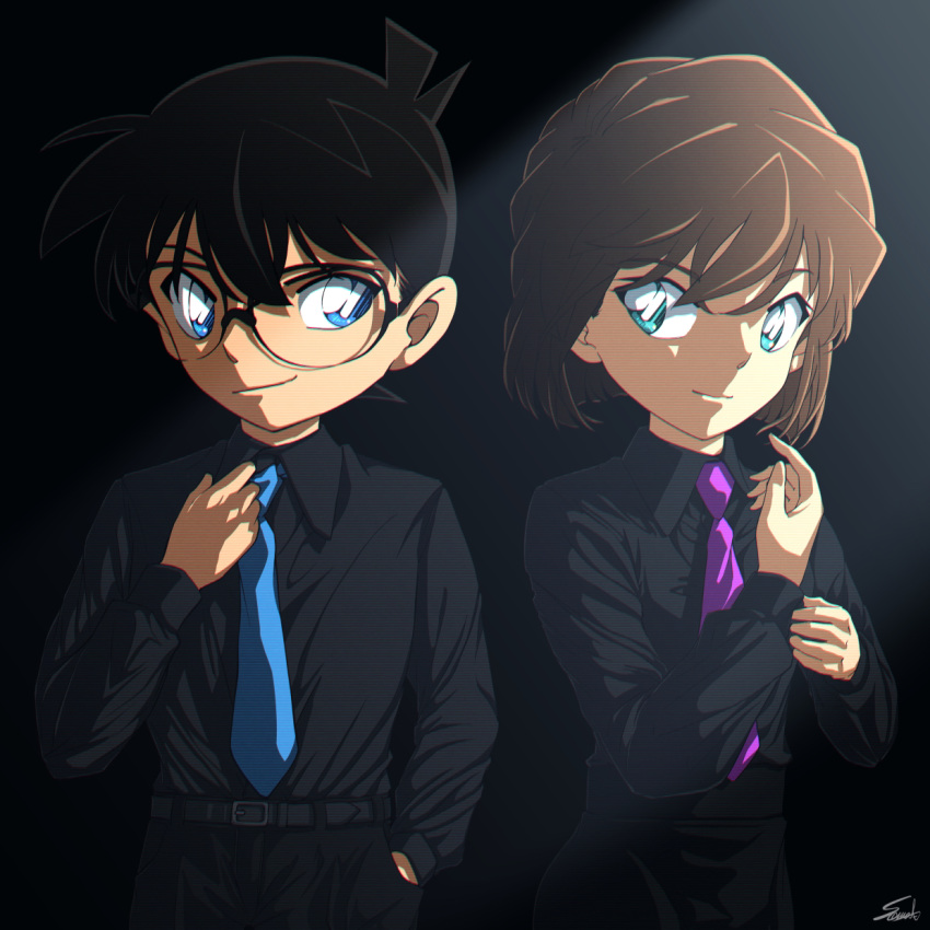 1boy 1girl aqua_eyes black-framed_eyewear black_hair black_pants black_shirt blue_eyes blue_necktie brown_hair closed_mouth collared_shirt edogawa_conan glasses haibara_ai hand_in_pocket highres long_sleeves looking_at_viewer meitantei_conan necktie pants purple_necktie shirt short_hair signature smile smug sooma4869 standing wing_collar