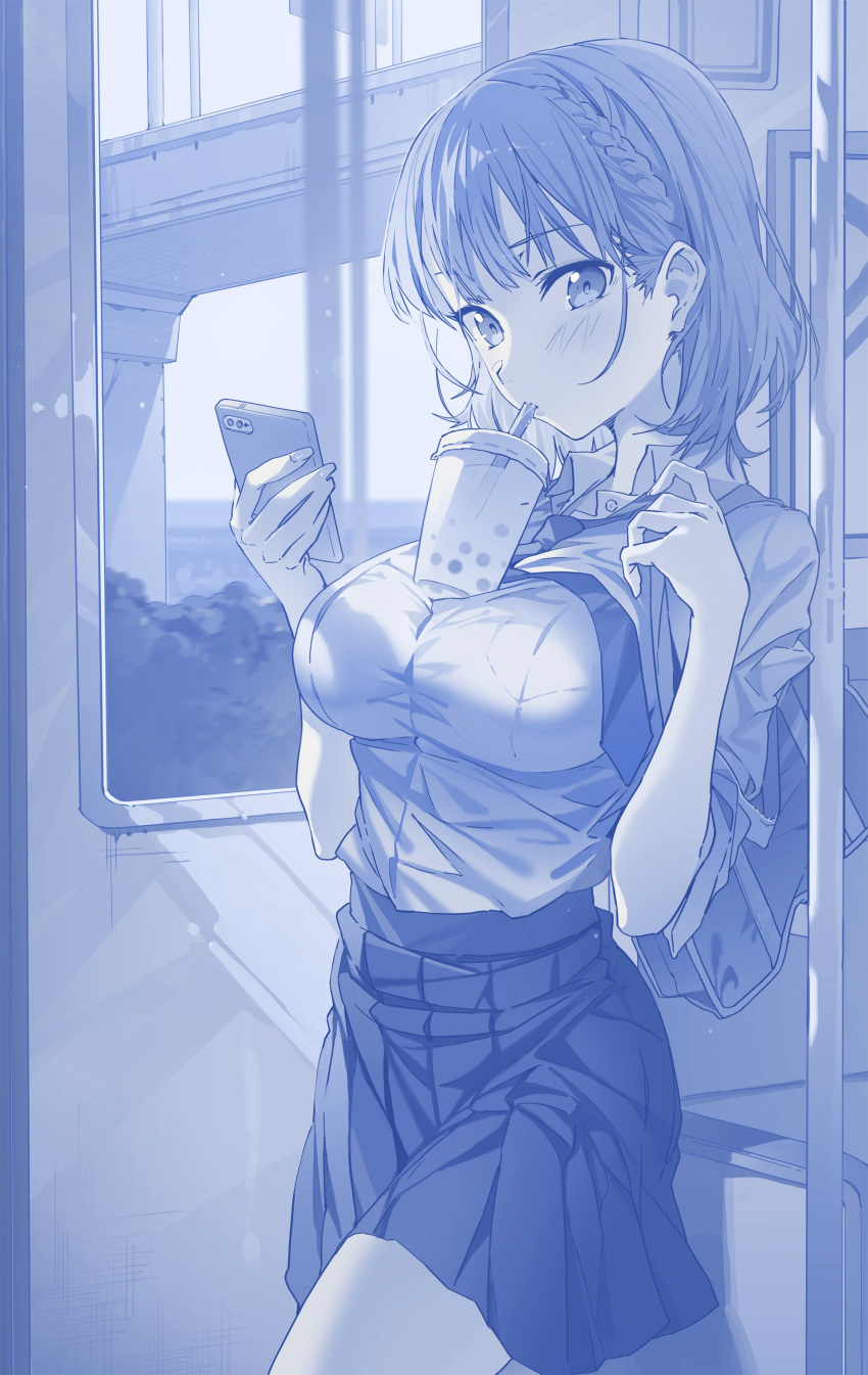 1girl absurdres bangs blush bob_cut braid breasts bridge bubble_tea bus bush character_request closed_mouth collared_shirt cowboy_shot day drinking fingernails getsuyoubi_no_tawawa ground_vehicle highres holding holding_phone hxxg indoors jacket large_breasts light_rays looking_at_viewer monochrome motor_vehicle necktie object_on_breast phone pleated_skirt pole school_uniform shirt short_hair single_braid skirt solo standing window