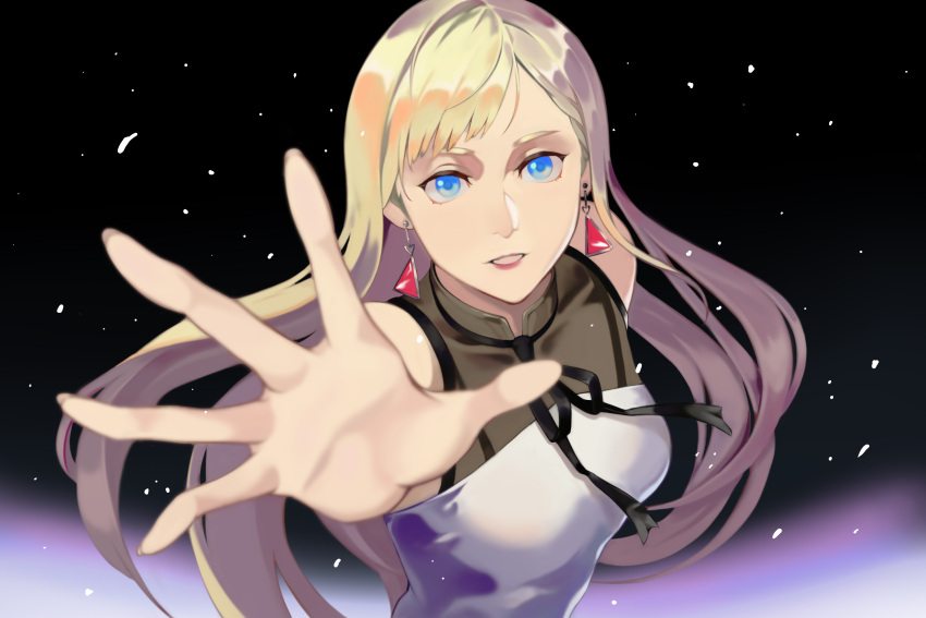 1girl absurdres bangs black_background black_ribbon blonde_hair blue_eyes blurry blurry_foreground earrings floating_hair gigi_andalusia gundam gundam_hathaway's_flash highres jewelry long_hair looking_at_viewer neck_ribbon outstretched_arm outstretched_hand reaching_out ribbon rine1006 shiny shiny_hair solo straight_hair swept_bangs triangle_earrings upper_body very_long_hair