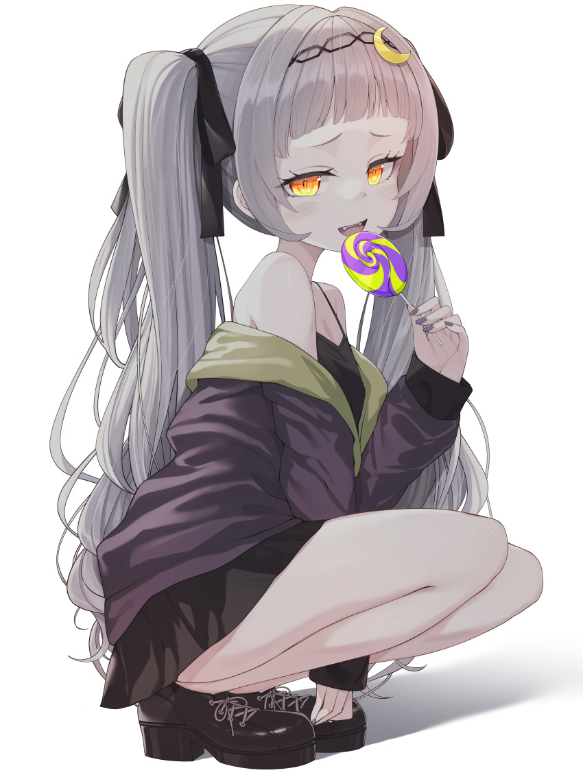 1girl absurdres bangs between_legs black_ribbon black_skirt black_tank_top blunt_bangs blush breasts candy commentary_request fangs food grey_background grey_hair hair_ornament hair_ribbon hairband hand_between_legs hand_up highres holding holding_candy holding_food holding_lollipop hololive jacket kage_(ka_9e_4su) lollipop long_hair looking_at_viewer miniskirt murasaki_shion nail_polish off_shoulder open_mouth orange_eyes pleated_skirt purple_jacket purple_nails ribbon shadow shiny shiny_skin sidelocks skirt small_breasts solo squatting tank_top thighs twintails virtual_youtuber