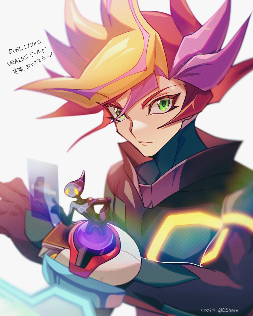 1boy absurdres ai_(yu-gi-oh!) blonde_hair blurry bodysuit card closed_mouth commentary_request copyright_name dated deck_of_cards depth_of_field duel_disk fujiki_yuusaku green_eyes hand_on_hip highres index_finger_raised looking_at_viewer male_focus multicolored_hair playmaker purple_hair redhead serious simple_background spiky_hair translation_request turtleneck twitter_username upper_body white_background yu-gi-oh! yu-gi-oh!_vrains zero-go