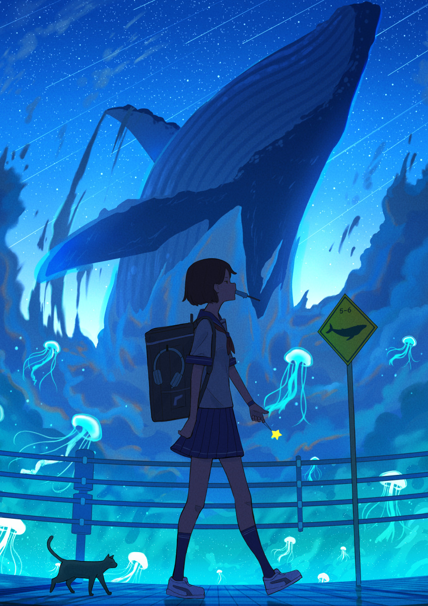 1girl absurdres blue_theme cat clouds cloudy_sky flying flying_whale highres jellyfish original pasoputi scenery school_uniform sky star_(sky) starry_sky surreal whale