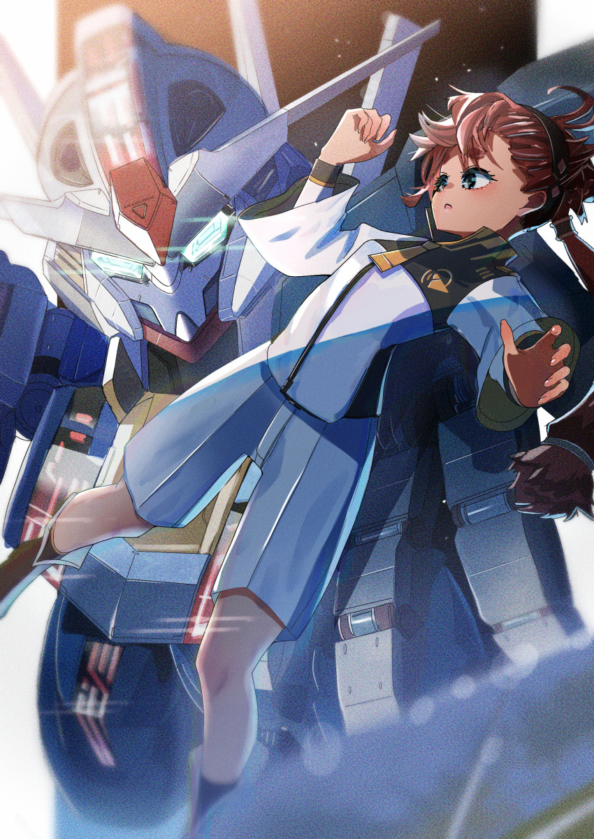 1girl absurdres bangs black_hairband blue_eyes boots brown_footwear dark-skinned_female dark_skin glowing glowing_eyes gundam gundam_aerial gundam_suisei_no_majo hair_behind_ear hairband head_tilt highres jacket long_hair looking_to_the_side low_ponytail mecha mobile_suit momokaz open_hand open_mouth redhead robot science_fiction shorts space suletta_mercury v-fin white_jacket white_shorts