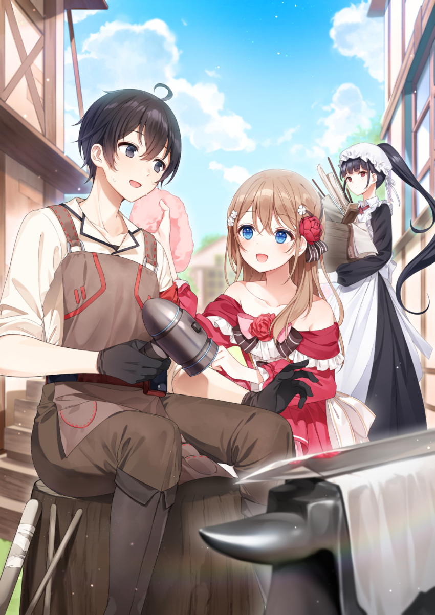 1boy 2girls :d a20_(atsumaru) anvil apron black_eyes black_gloves black_hair black_shirt black_skirt blacksmith blue_eyes blue_sky blush bow brown_hair brown_pants clouds collarbone day dress floating_hair flower gloves hair_bow hair_flower hair_ornament hammer highres holding holding_hammer kyuutei_tan'yashi_no_shawasena_nichijou long_hair long_skirt multiple_girls novel_illustration off-shoulder_dress off_shoulder official_art pants ponytail red_dress red_eyes red_flower shiny shiny_hair shirt skirt sky smile striped striped_bow sword very_long_hair weapon white_apron white_flower white_headwear white_shirt