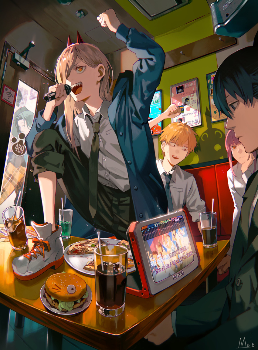 2boys 2girls absurdres arm_up artist_name black_hair black_pants blonde_hair burger chainsaw_man collared_shirt commentary cup denji_(chainsaw_man) dress_shirt drinking_straw food hair_over_one_eye hand_up hayakawa_aki highres holding holding_microphone horns indoors jacket karaoke knee_up kyuuba_melo lyrics makima_(chainsaw_man) microphone morning_musume multiple_boys multiple_girls necktie on_table open_clothes open_jacket open_mouth pants pizza plate pochita_(chainsaw_man) power_(chainsaw_man) profile redhead sharp_teeth shirt shoes sitting sneakers standing symbol-only_commentary table teeth white_footwear white_shirt