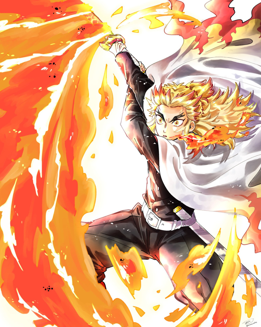 1boy awarinko bangs belt belt_buckle black_jacket blonde_hair buckle buttons cape colored_tips commentary_request demon_slayer_uniform fire flame flame_print flaming_sword flaming_weapon forehead forked_eyebrows gradient gradient_hair highres holding holding_sword holding_weapon jacket katana kimetsu_no_yaiba long_hair long_sleeves looking_at_viewer male_focus mismatched_eyebrows multicolored_hair orange_eyes ponytail redhead rengoku_kyoujurou serious sidelocks solo sword thick_eyebrows two-tone_hair v-shaped_eyebrows weapon white_background white_belt white_cape