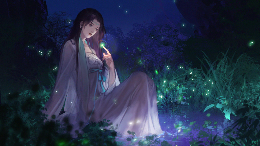 1girl absurdres black_hair chinese_clothes doupo_cangqiong dress from_side glowing grass highres index_finger_raised long_hair long_sleeves looking_down night parted_lips second-party_source sitting solo teeth water white_dress yun_yun_(doupo_cangqiong) zacao_tong