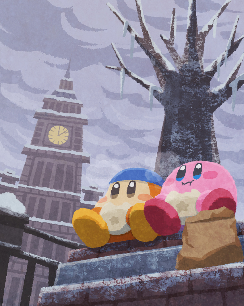 bag bandana_waddle_dee bare_tree brown_bag building clock clouds cloudy_sky eating food highres holding holding_food icicle kirby kirby_(series) miclot no_humans outdoors paper_bag scenery sitting sky snow tree waddle_dee