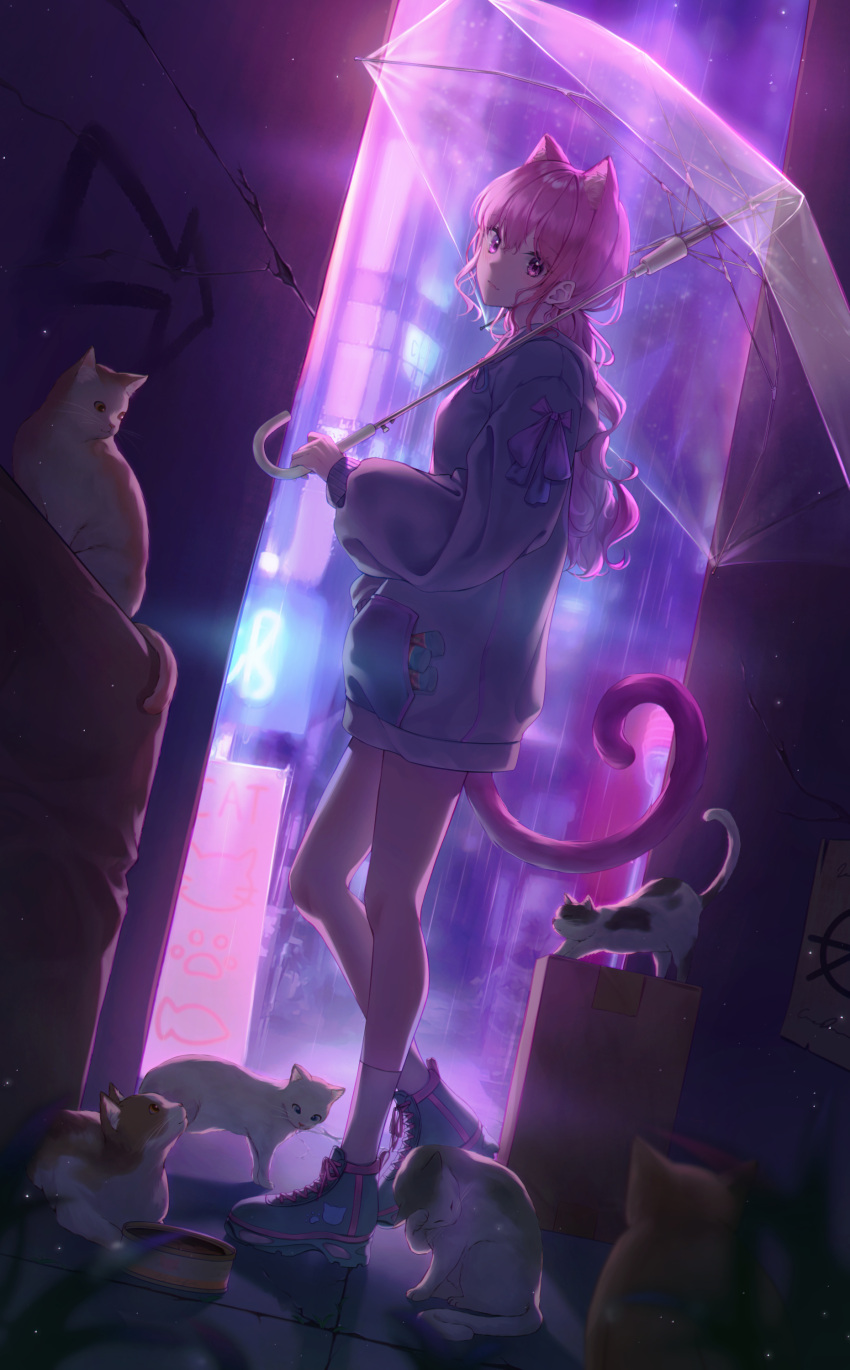 1girl absurdres animal_ears blonde_hair cat cat_ears graffiti hat highres holding looking_at_viewer memory_(identity_v) original outdoors ponytail red_eyes smile soo_ou tail umbrella violet_eyes