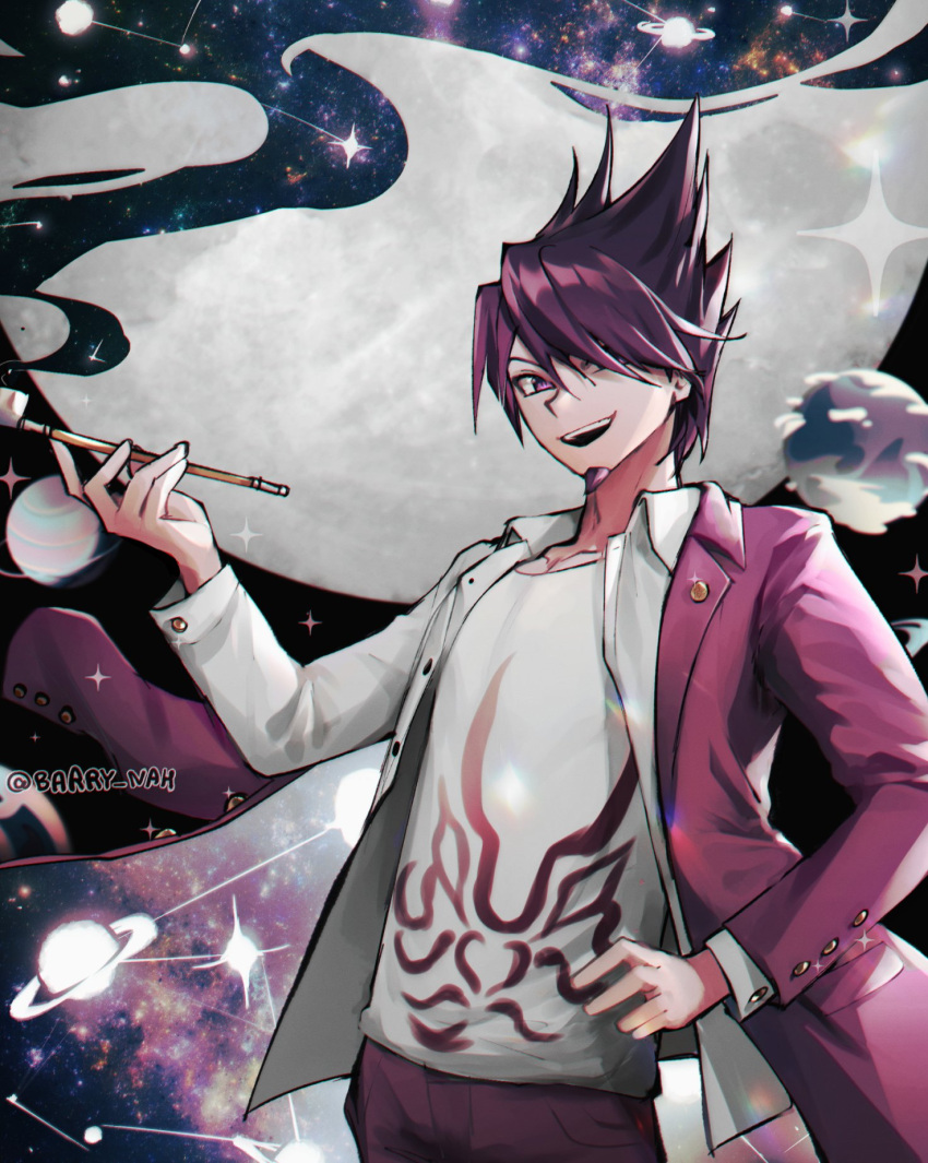 1boy :d artist_name bangs barry_nah black_background collared_shirt danganronpa_(series) danganronpa_v3:_killing_harmony facial_hair goatee highres holding holding_smoking_pipe jacket long_sleeves male_focus momota_kaito open_clothes open_jacket open_shirt pants pink_jacket pink_pants planet print_shirt purple_hair shiny shiny_hair shirt smile smoking_pipe solo space spiky_hair teeth upper_teeth