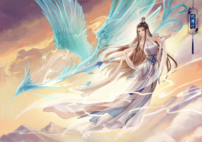 1girl absurdres baicaitoucaomao bird brown_hair closed_mouth clouds earrings floating full_body hair_bun hair_ornament highres holding holding_sword holding_weapon index_fingers_together jewelry ling_qingzhu_(wu_dong_qian_kun) long_hair mountain phoenix pose second-party_source solo sword weapon wu_dong_qian_kun