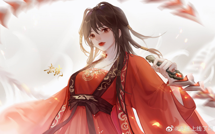 1girl bead_necklace beads breasts chi_lian_(qin_shi_ming_yue) chi_lian_shangxian_liao_ma chinese_clothes closed_mouth dress expressionless falling_petals from_below glowing_petals hair_ornament highres holding holding_whip jacket jewelry long_sleeves medium_breasts medium_hair necklace petals qin_shi_ming_yue red_dress red_jacket solo upper_body white_background