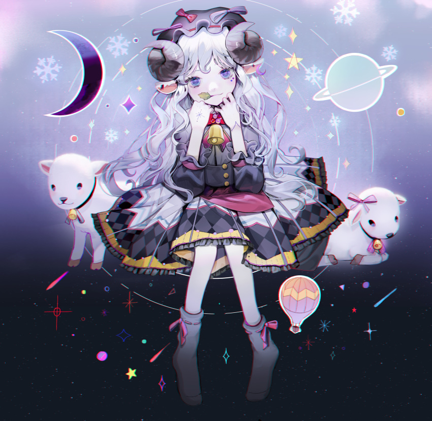 1girl absurdres aircraft animal_ears bell black_dress black_headwear bow crescent_moon curled_horns dress full_body hat hat_bow highres horns hot_air_balloon leaf long_hair moon mouth_hold neck_bell original pale_skin planet puffy_sleeves sheep sheep_ears sitting snowflakes star_(symbol) violet_eyes white_hair yomii_ba_chu