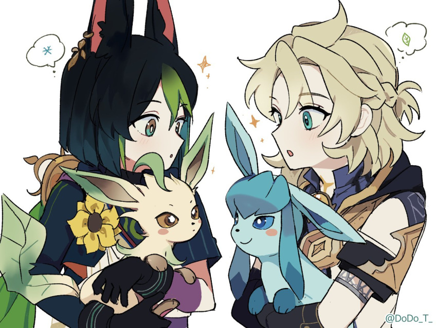 2boys :o albedo_(genshin_impact) animal_ears aqua_eyes bangs black_gloves black_hair blonde_hair blush coat crossover dodo_t earrings flower fox_boy fox_ears genshin_impact glaceon gloves gradient_hair green_hair holding holding_pokemon hood hood_down hooded_coat jewelry leafeon male_focus multicolored_hair multiple_boys parted_lips pokemon pokemon_(creature) scar scar_on_neck simple_background single_earring smile tighnari_(genshin_impact) twitter_username upper_body white_background yellow_flower