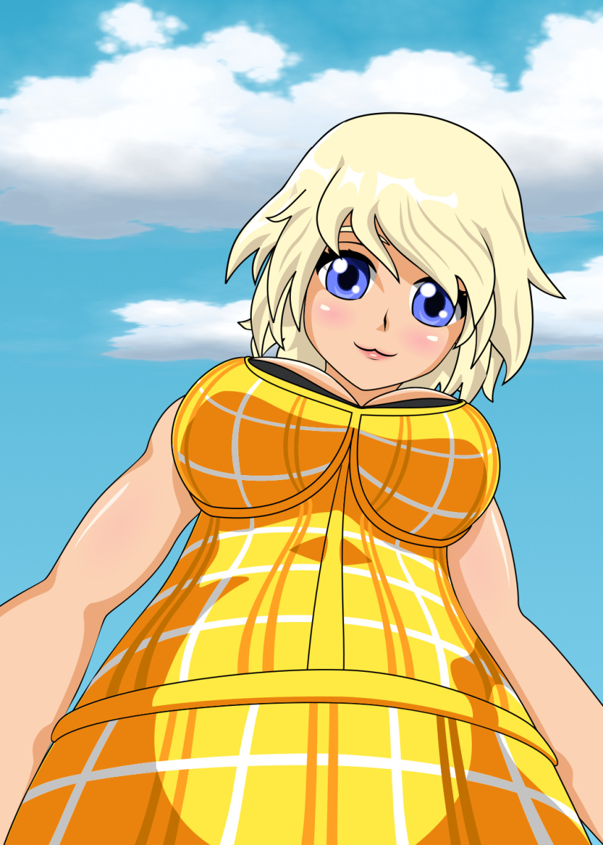 bad_source big_eyes blonde_hair blue_eyes blush breasts dere_chan dress highres large_breasts looking_at_viewer looking_down self_upload sleepy_fox sundress wifu-box yellow_dress