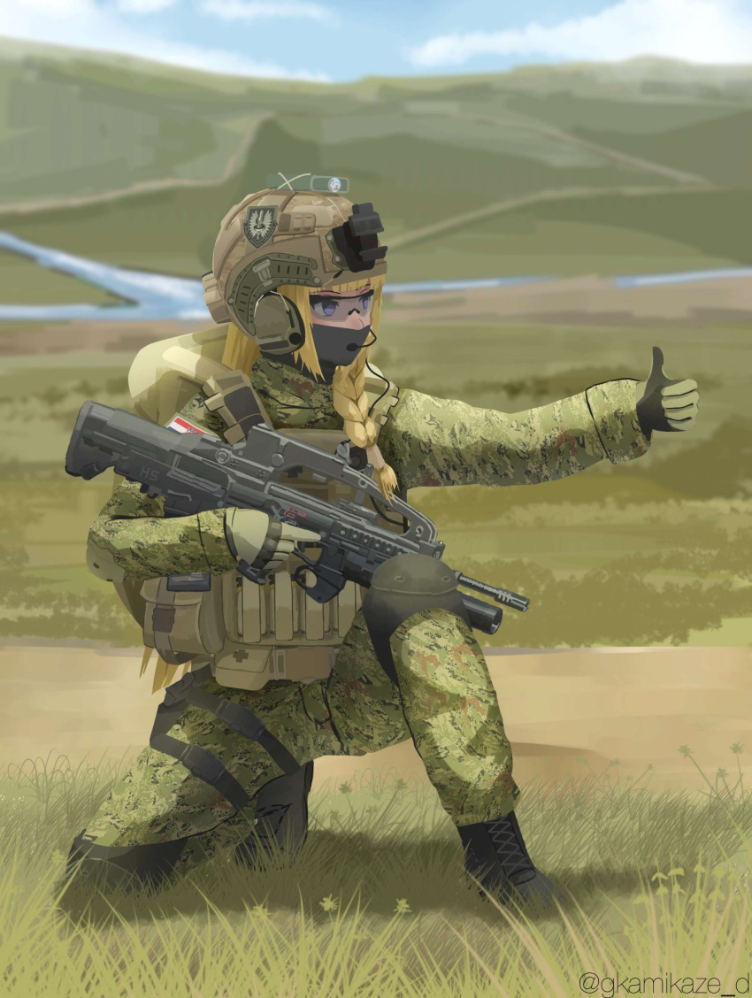 1girl alternate_costume assault_rifle bangs blonde_hair blue_eyes blurry blurry_background braid bulletproof_vest bullpup camouflage clouds croatian_flag dgkamikaze english_commentary full_body girls_frontline gloves grass green_gloves gun headset helmet highres holding holding_gun holding_weapon knee_pads load_bearing_equipment load_bearing_vest long_hair long_sleeves looking_ahead military military_helmet military_operator military_uniform one_knee outdoors pouch rifle scenery sky solo tactical_clothes thumbs_up twitter_username uniform vhs-d2 vhs_(girls'_frontline) weapon