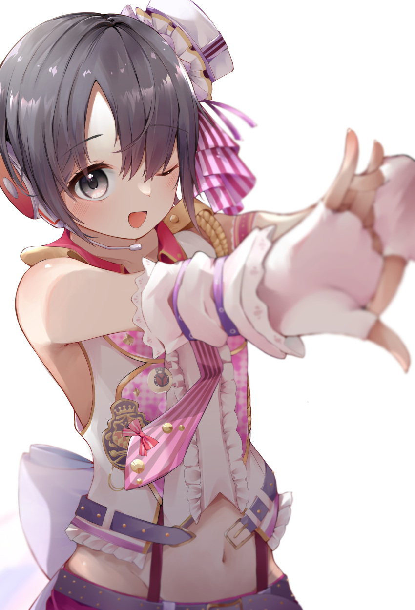 1girl absurdres back_bow bangs belt black_hair blurry blush bow check_commentary commentary_request dot_nose fingerless_gloves frilled_shirt frills gloves grey_eyes hair_ornament hands_up hat headset highres idolmaster idolmaster_cinderella_girls interlocked_fingers lala_(tnre7287) looking_at_viewer midriff navel necktie one_eye_closed open_mouth otokura_yuuki pink_necktie purple_belt shirt short_hair sleeveless sleeveless_shirt smile solo suspenders upper_body white_background white_bow white_gloves white_shirt wristband