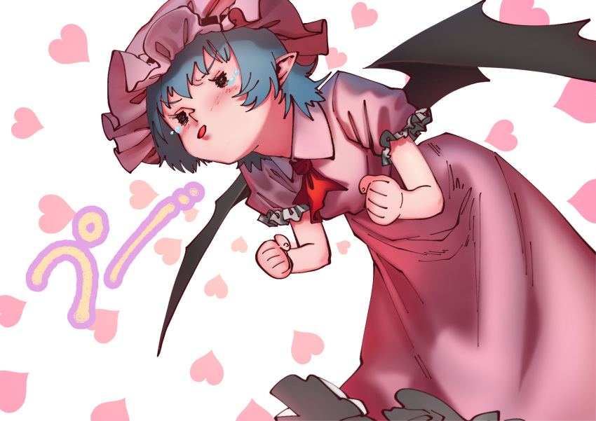 1girl bat_wings bent_over blowing_kiss blush clenched_hands dress hat heart heart_background highres mob_cap pink_dress pointy_ears puffy_sleeves remilia_scarlet sendai_(nazonomono) short_sleeves solo touhou wings