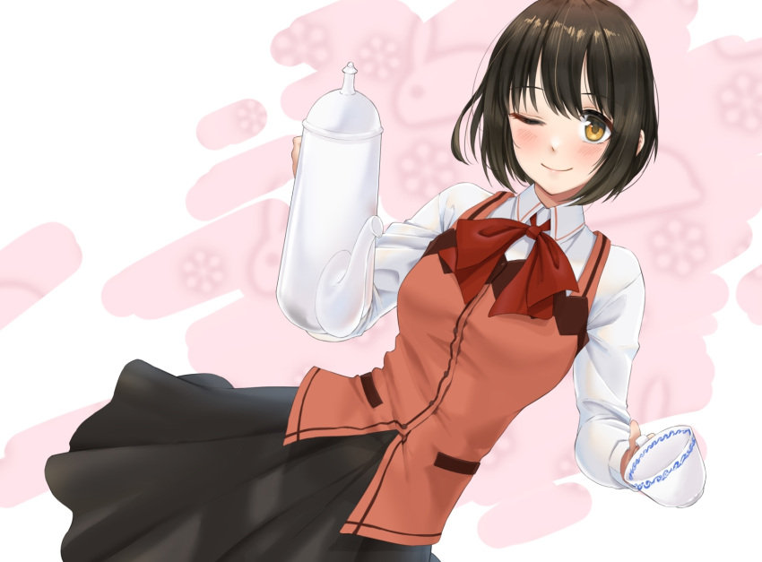 1girl ;) black_hair black_skirt blush bow bowtie closed_mouth collared_shirt cosplay cup highres holding hoto_cocoa hoto_cocoa_(cosplay) idolmaster idolmaster_cinderella_girls kaiso_(kaisooekaki) long_sleeves medium_skirt one_eye_closed pleated_skirt rabbit_house_uniform red_bow red_bowtie shiny shiny_hair shirt short_hair skirt smile solo straight_hair takafuji_kako teacup teapot white_shirt wing_collar yellow_eyes