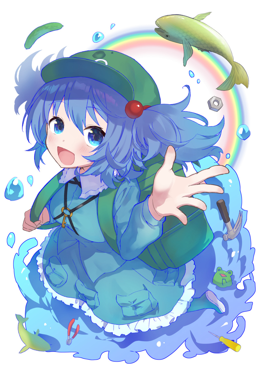 1girl :d ahase_hino arm_up backpack bag bangs blue_eyes blue_hair blue_skirt blush bolt boots buckle collar fish frilled_collar frills frog full_body green_bag hair_bobbles hair_ornament hammer hat highres kawashiro_nitori key looking_at_viewer open_mouth pliers pouch puffy_short_sleeves puffy_sleeves rainbow short_hair short_sleeves simple_background skirt smile solo touhou twintails two_side_up water white_background