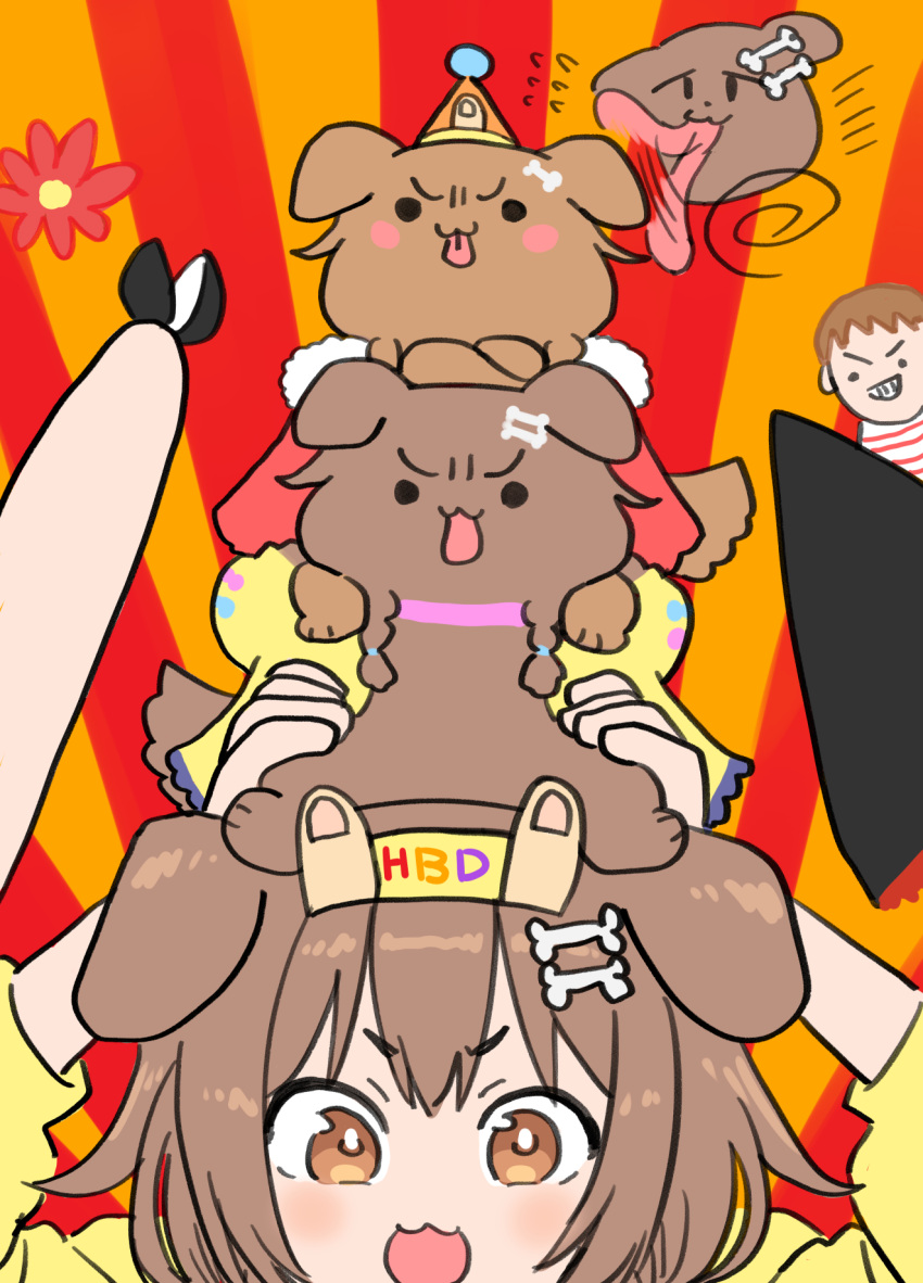 1boy 1girl :3 animal_on_head bone_hair_ornament brown_eyes brown_hair commentary_request grin hair_ornament highres hololive hooves inugami_korone inugami_korone_(dog) jacket on_head open_mouth sabaku_chitai smile tongue tongue_out tsunomaki_watame v-shaped_eyebrows yellow_jacket