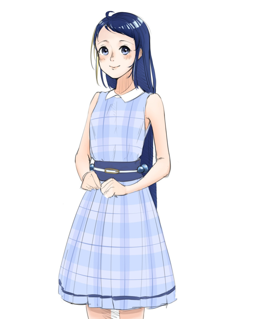 1girl alternate_costume bangs blue_dress blue_eyes blue_hair cowboy_shot dress gradient_hair highres kantai_collection long_hair multicolored_hair origin/release/creation plaid plaid_dress samidare_(kancolle) simple_background sleeveless sleeveless_dress solo swept_bangs very_long_hair white_background