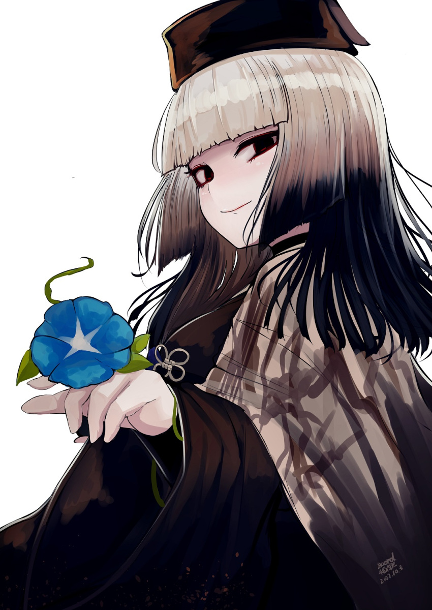 1girl b.d black_eyes dated fate/grand_order fate_(series) flower grey_hair hat highres japanese_clothes kimono morning_glory sen_no_rikyu_(fate) signature smile white_background