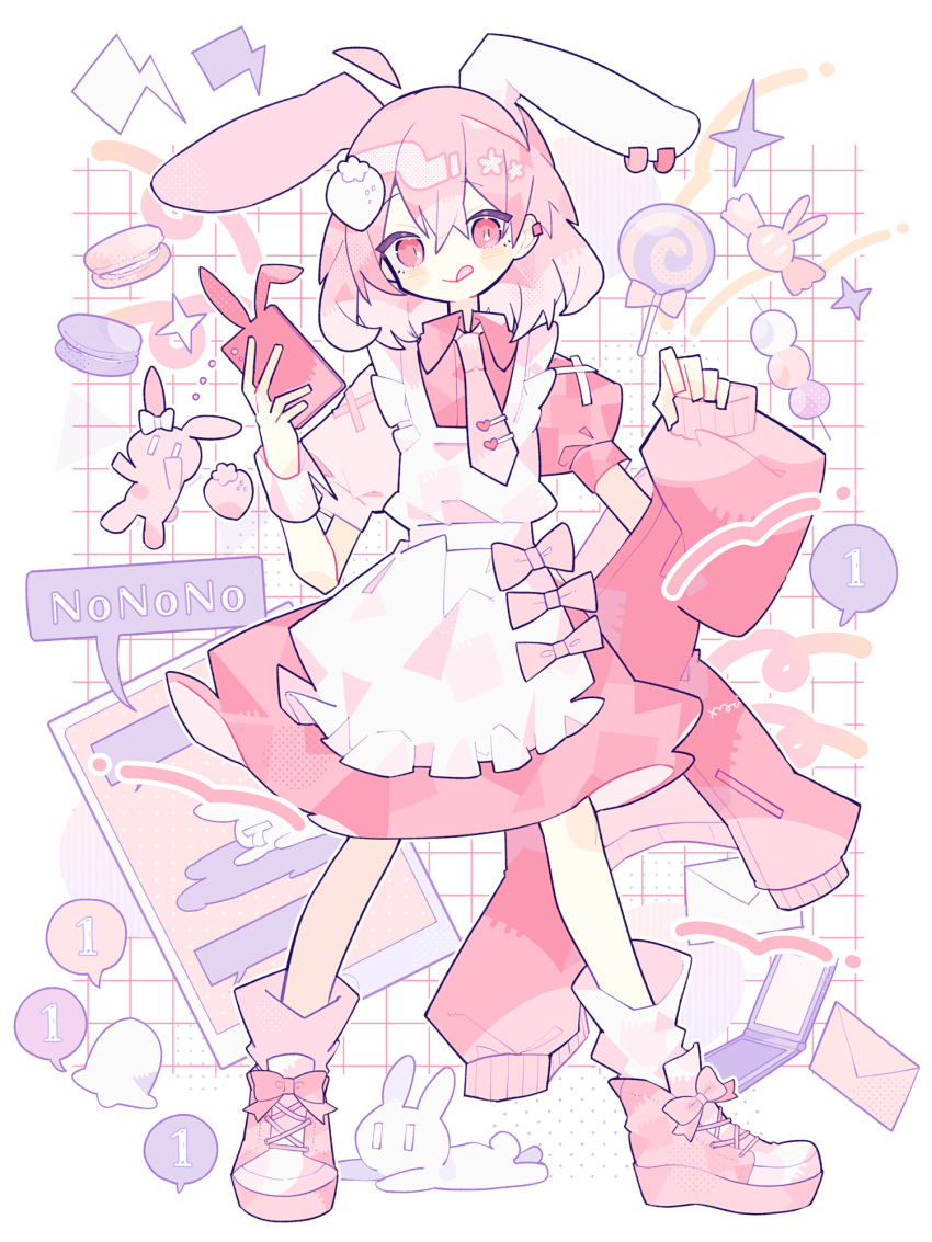 1girl :q animal_ears apron blush boots bow candy cellphone collared_dress commentary_request cross-laced_footwear dango dress ear_piercing food food-themed_hair_ornament footwear_bow hair_between_eyes hair_ornament highres holding holding_clothes holding_phone jacket letter lollipop looking_at_viewer macaron maid maid_apron mamimu_(ko_cha_22) medium_hair necktie original phone piercing pink_bow pink_dress pink_eyes pink_footwear pink_hair pink_jacket pink_necktie pink_theme puffy_short_sleeves puffy_sleeves rabbit rabbit_ears short_sleeves smartphone solo strawberry_hair_ornament tongue tongue_out wagashi white_apron